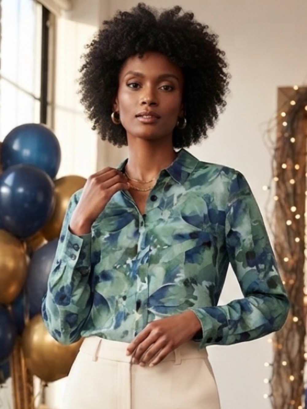 Women's Green Printed Button-Front Blouse
